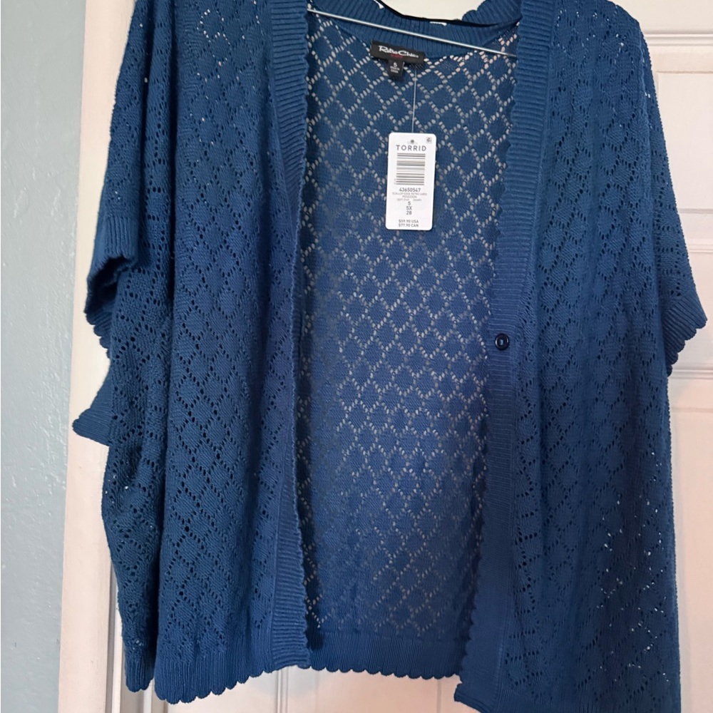 torrid - Retro Chic Teal-Blue Pointelle Open-Knit Cardigan